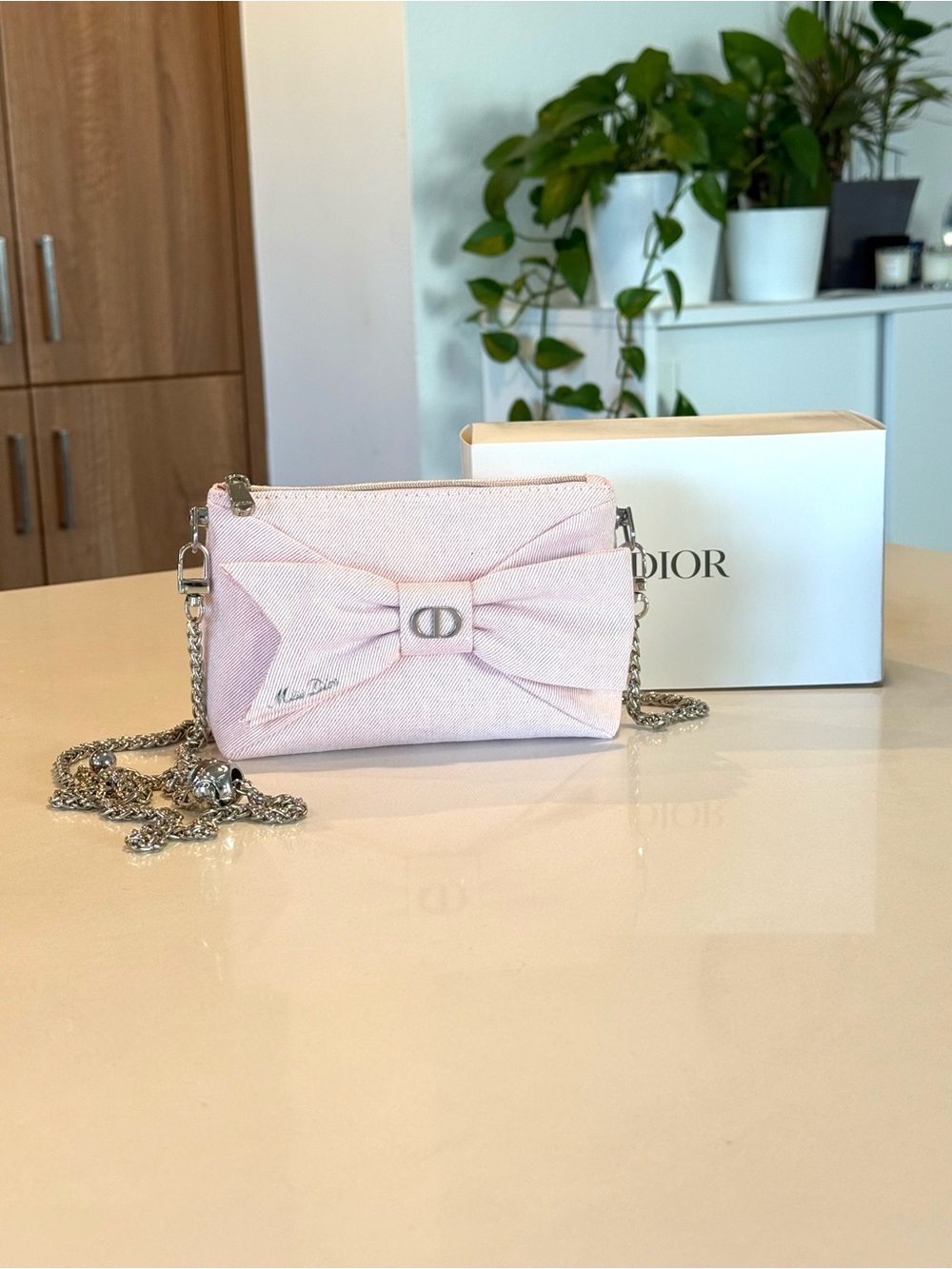 Dior Mini Pink Bow Shoulder Bag with Silver Chain